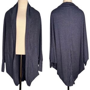 P’tula‎ Womens OS Navy Ribbed Knit Relaxed Drapey Athleisure Open Front Cardigan